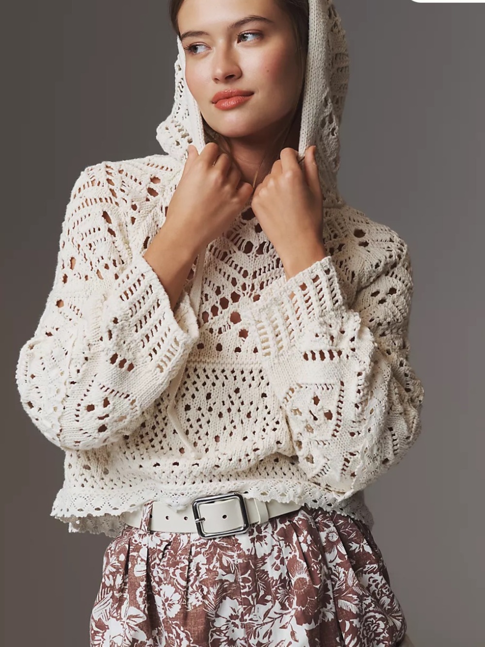 By Anthropologie Boxy Crochet Hooded Jumper